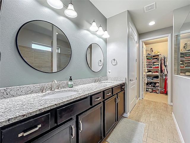 bathroom with double vanity, a spacious closet, baseboards, and a sink