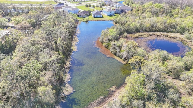 birds eye view of property featuring a water view and a view of trees