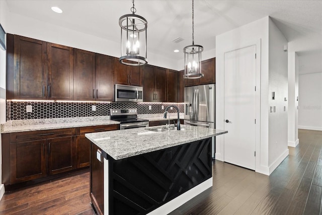 kitchen with dark wood-style flooring, a sink, decorative backsplash, hanging light fixtures, and appliances with stainless steel finishes