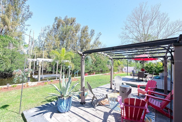 exterior space featuring a fire pit, outdoor dining area, a lawn, and a pergola