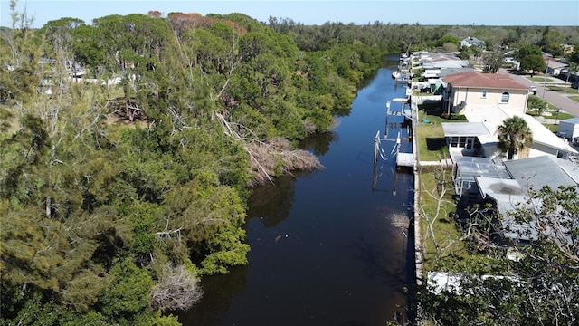 aerial view with a water view and a forest view