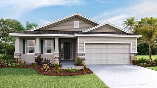 7795 Wheat Stone Dr, Zephyrhills, FL 33540 - craftsman-style house with driveway, stone siding, a garage, and a front yard
