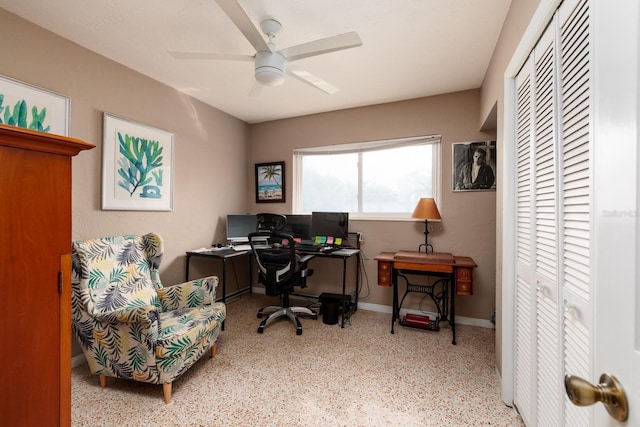 2340 W Bay Isle Dr SE, Saint Petersburg, FL 33705 - office space featuring ceiling fan, baseboards, and speckled floor