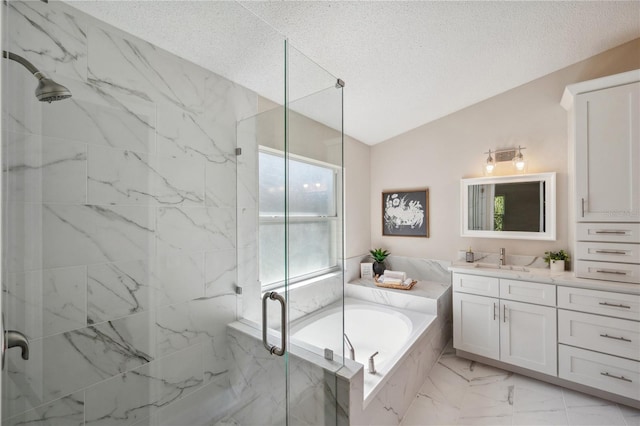 full bathroom featuring vanity, vaulted ceiling, marble finish floor, a marble finish shower, and a bath