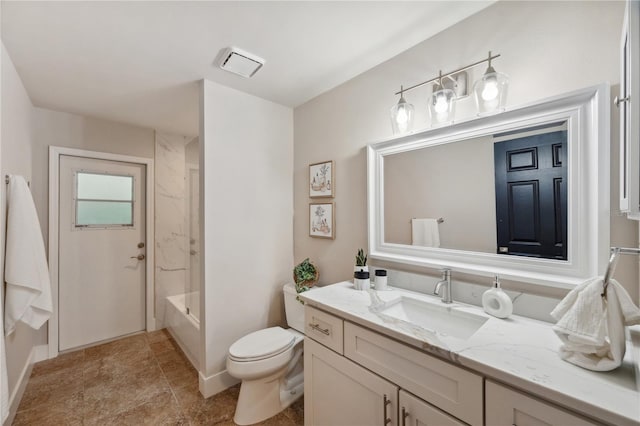 bathroom with toilet, shower / bathtub combination, visible vents, and vanity