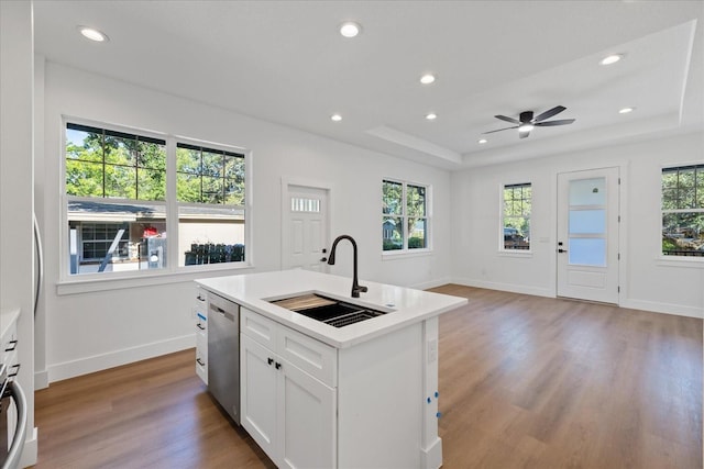 3902 E Henry Ave, Tampa, FL 33610 - kitchen with light countertops, a sink, light wood-type flooring, dishwasher, and a raised ceiling