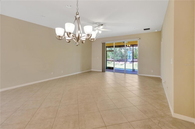 unfurnished room with ceiling fan with notable chandelier, light tile patterned flooring, visible vents, and baseboards