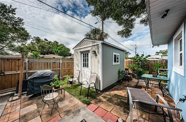 view of shed featuring a fenced backyard