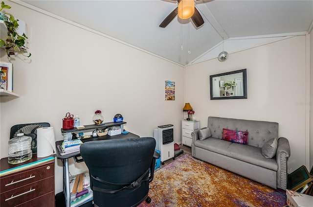 home office with lofted ceiling and a ceiling fan