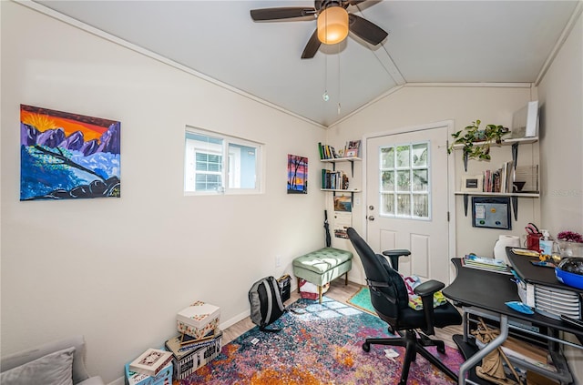 office space with lofted ceiling, wood finished floors, and ceiling fan