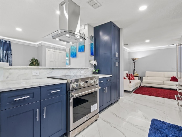 kitchen with marble finish floor, stainless steel electric range oven, blue cabinetry, visible vents, and island range hood