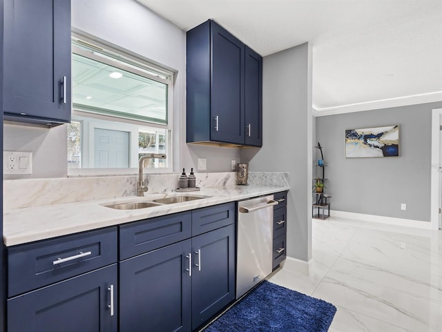 kitchen featuring stainless steel dishwasher, marble finish floor, blue cabinetry, and a sink