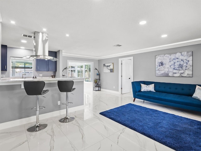 kitchen featuring a breakfast bar area, visible vents, a healthy amount of sunlight, marble finish floor, and island exhaust hood