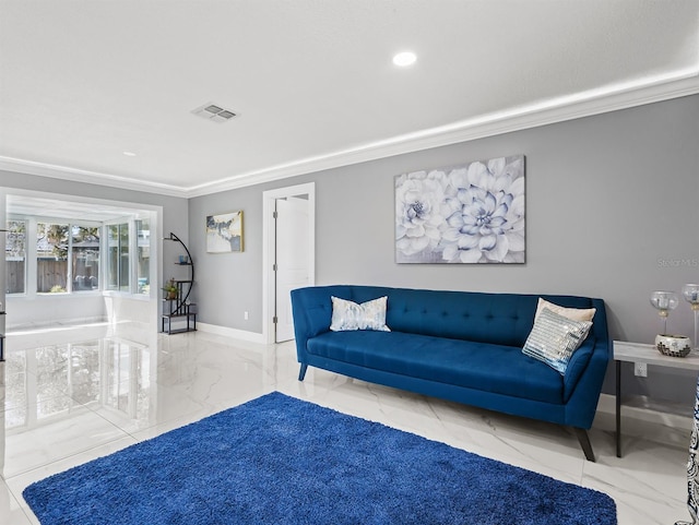 living area featuring marble finish floor, visible vents, crown molding, and baseboards