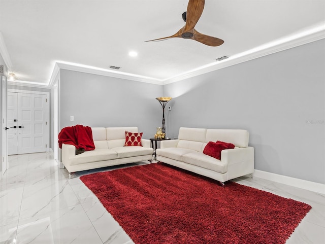 living room with marble finish floor, baseboards, visible vents, and crown molding