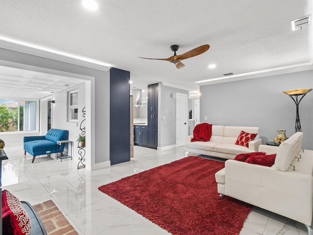 living room with ceiling fan, recessed lighting, visible vents, baseboards, and marble finish floor