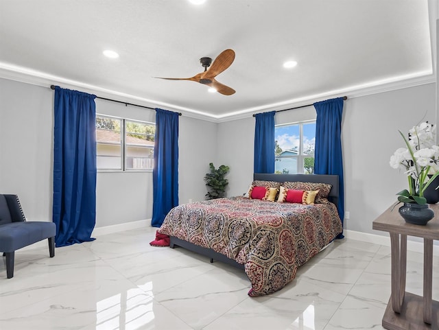 bedroom featuring marble finish floor, recessed lighting, a ceiling fan, and baseboards