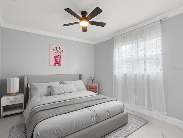 bedroom featuring marble finish floor, ceiling fan, and ornamental molding