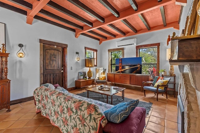 living area with beam ceiling, a fireplace, light tile patterned flooring, a wall mounted air conditioner, and baseboards