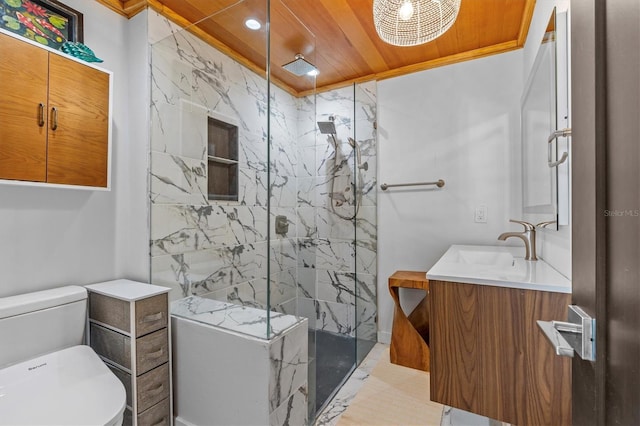 bathroom with toilet, wood ceiling, a marble finish shower, and vanity