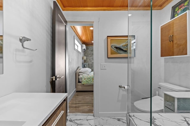 bathroom with marble finish floor, toilet, ornamental molding, wood ceiling, and vanity