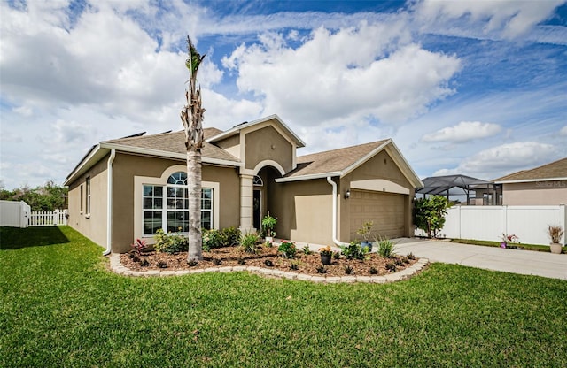 ranch-style home with concrete driveway, an attached garage, fence, a front lawn, and stucco siding