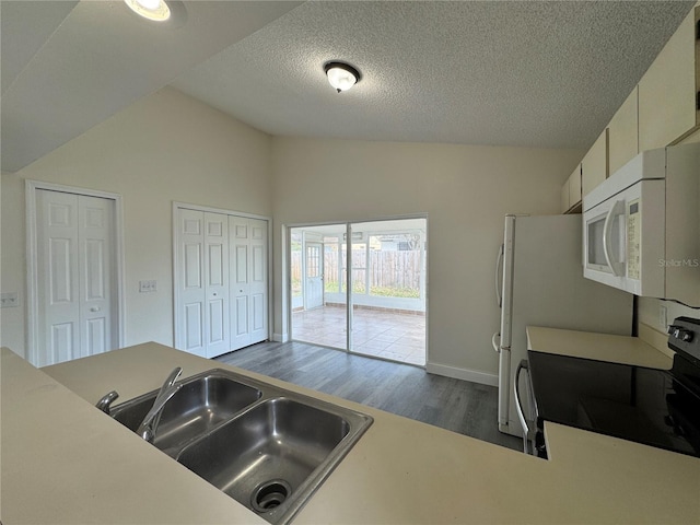 kitchen featuring dark wood finished floors, lofted ceiling, white microwave, a sink, and range with electric stovetop