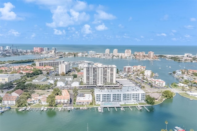 drone / aerial view with a water view and a view of city