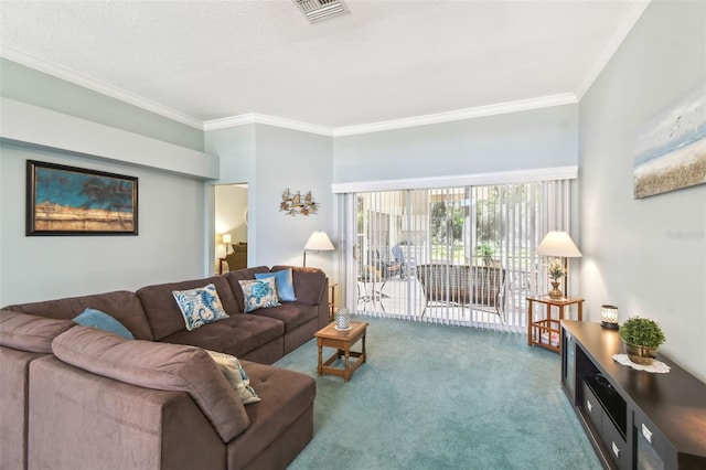 living area featuring visible vents, crown molding, and carpet flooring