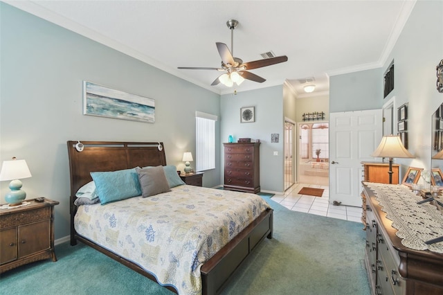 carpeted bedroom featuring baseboards, a ceiling fan, ensuite bath, ornamental molding, and tile patterned flooring