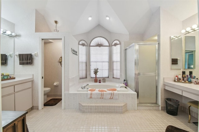 bathroom featuring lofted ceiling, toilet, a stall shower, tile patterned flooring, and a bath