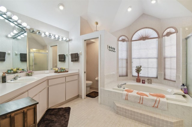 bathroom with toilet, vaulted ceiling, vanity, a shower stall, and a bath