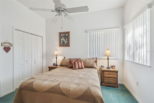 bedroom featuring ceiling fan, a closet, carpet, and baseboards