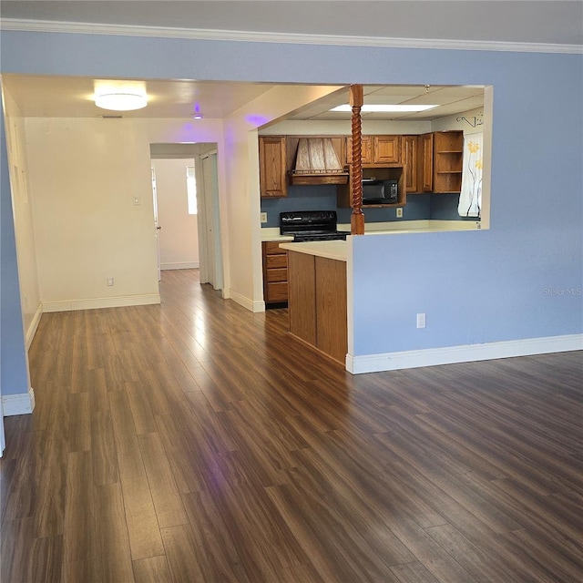 kitchen featuring open shelves, dark wood-type flooring, baseboards, black appliances, and brown cabinetry