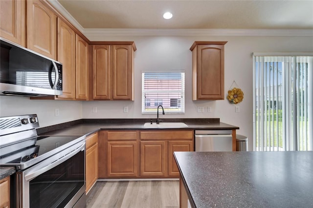 kitchen with light wood finished floors, stainless steel appliances, dark countertops, ornamental molding, and a sink