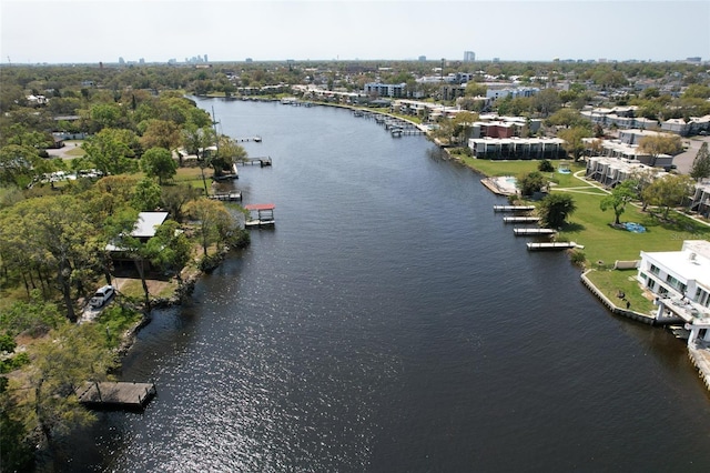 drone / aerial view featuring a water view