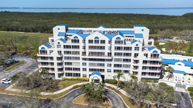 view of building exterior featuring a water view