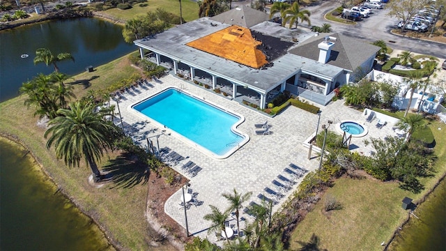 drone / aerial view featuring a water view