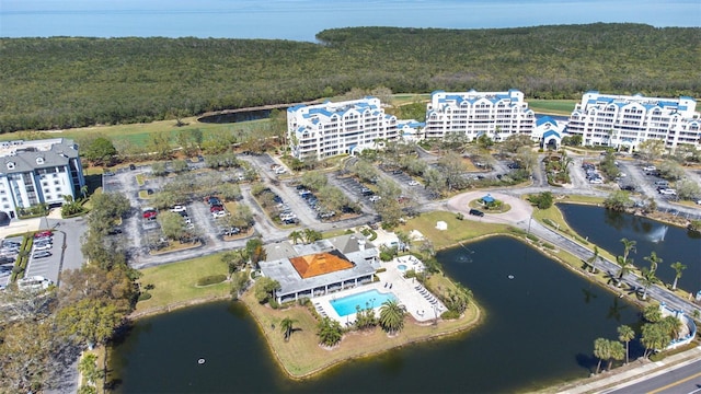 drone / aerial view with a water view