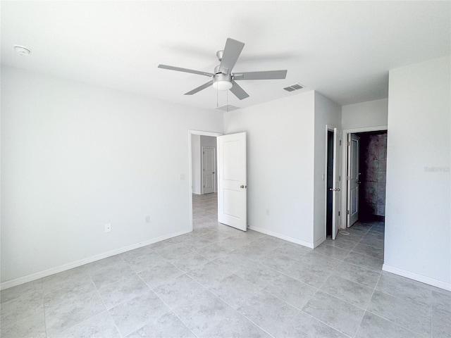 unfurnished bedroom featuring a ceiling fan, visible vents, and baseboards