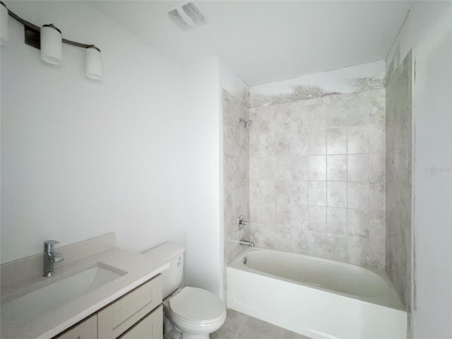 full bathroom featuring visible vents, toilet, vanity,  shower combination, and tile patterned floors