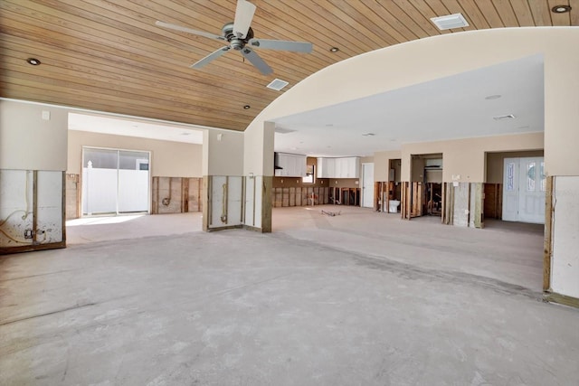 interior space featuring lofted ceiling, visible vents, wood ceiling, ceiling fan, and concrete flooring