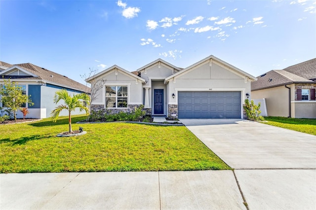 view of front of home featuring an attached garage, concrete driveway, stone siding, stucco siding, and a front lawn