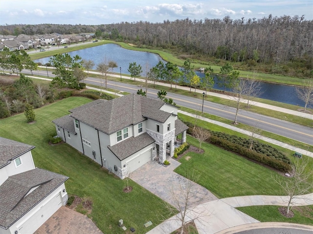 aerial view featuring a water view