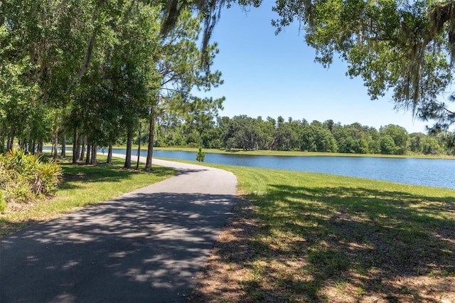 view of community with a water view and a lawn