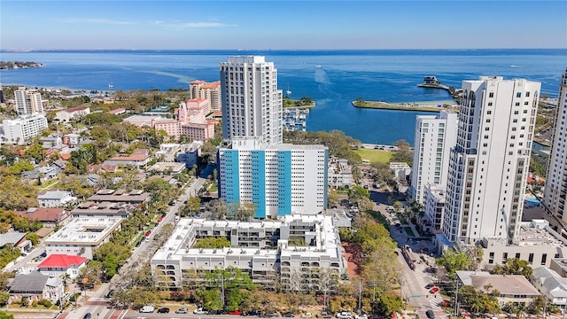 aerial view featuring a water view and a city view