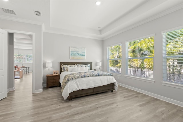 bedroom with visible vents, light wood-style flooring, and multiple windows