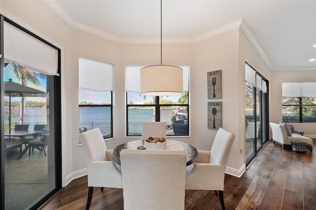 dining space with ornamental molding, dark wood-type flooring, a water view, and baseboards