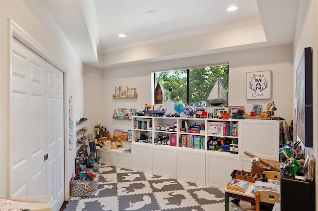 rec room featuring a raised ceiling and recessed lighting