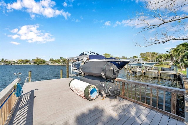 view of dock with a water view and boat lift